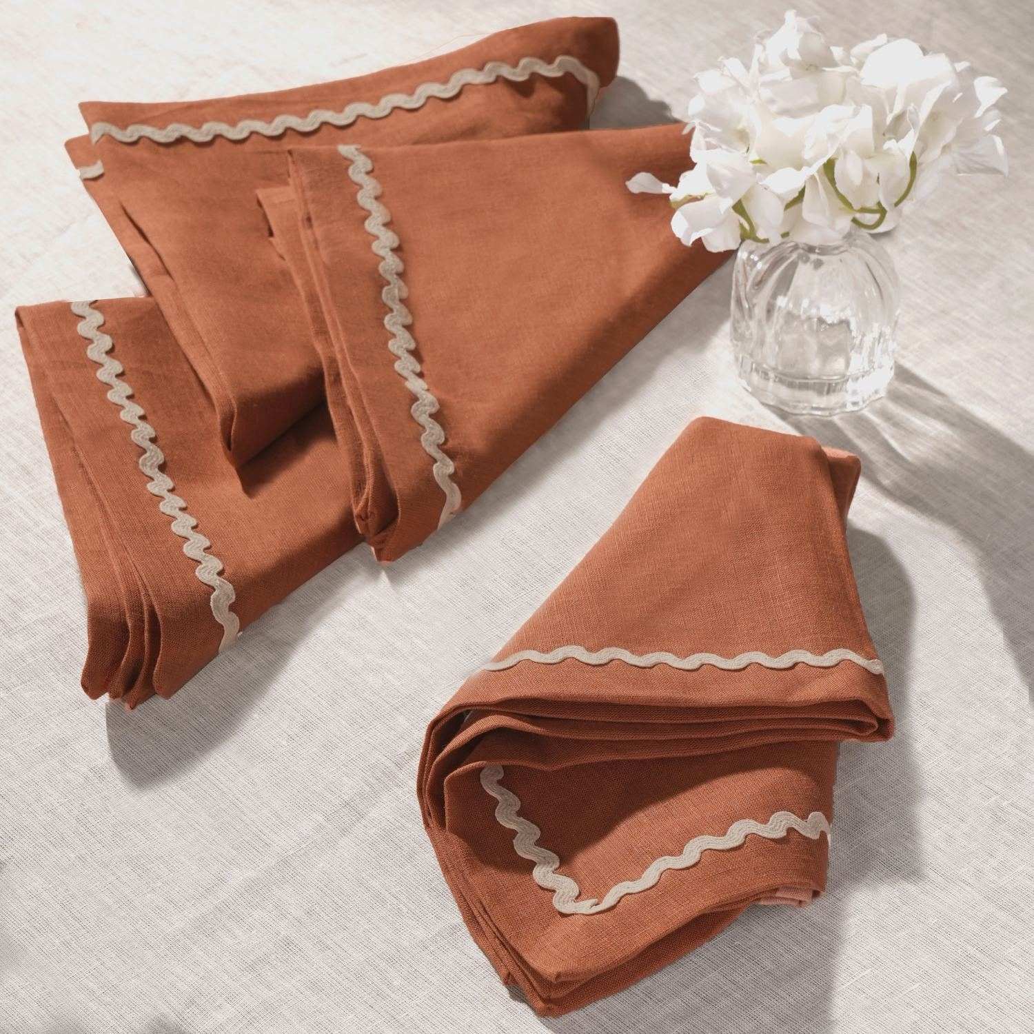 Rust Rick Rack Lace 100% Linen Napkins