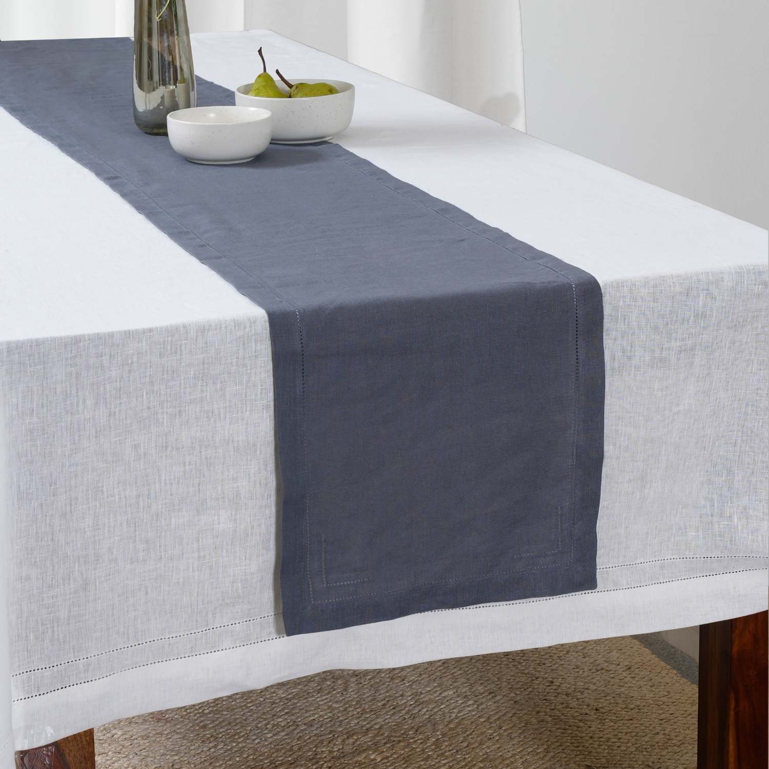 Charcoal Gray 100% Linen Incomplete Hemstitch Table Runner 72"