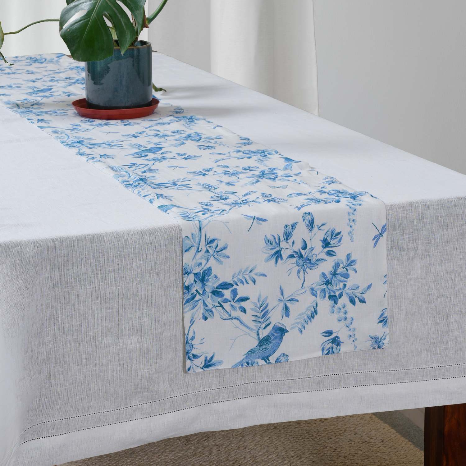 Blue Toile Print 100% Linen Table Runner