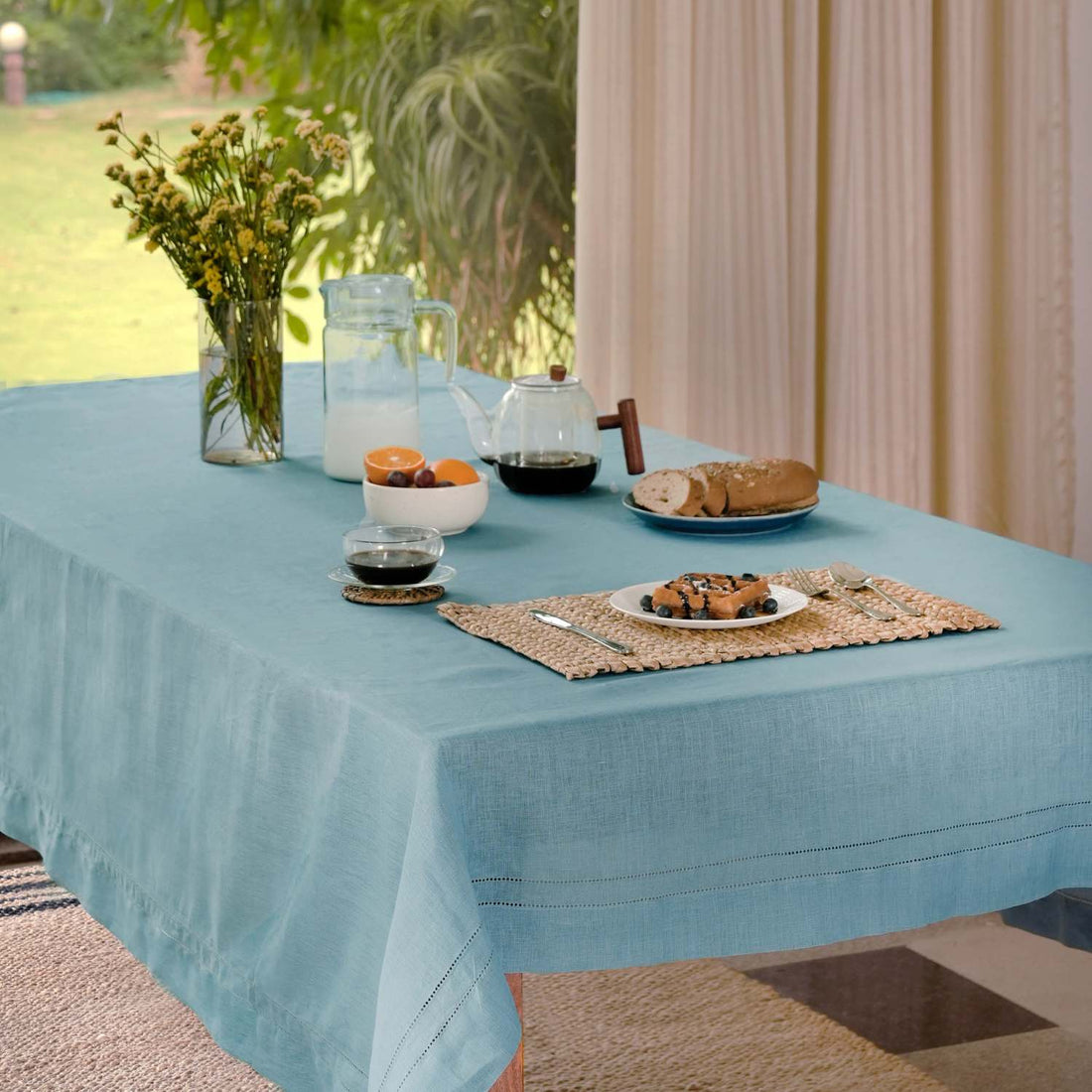 Dusty Blue 100% Linen Double Hemstitch Rectangular Tablecloth