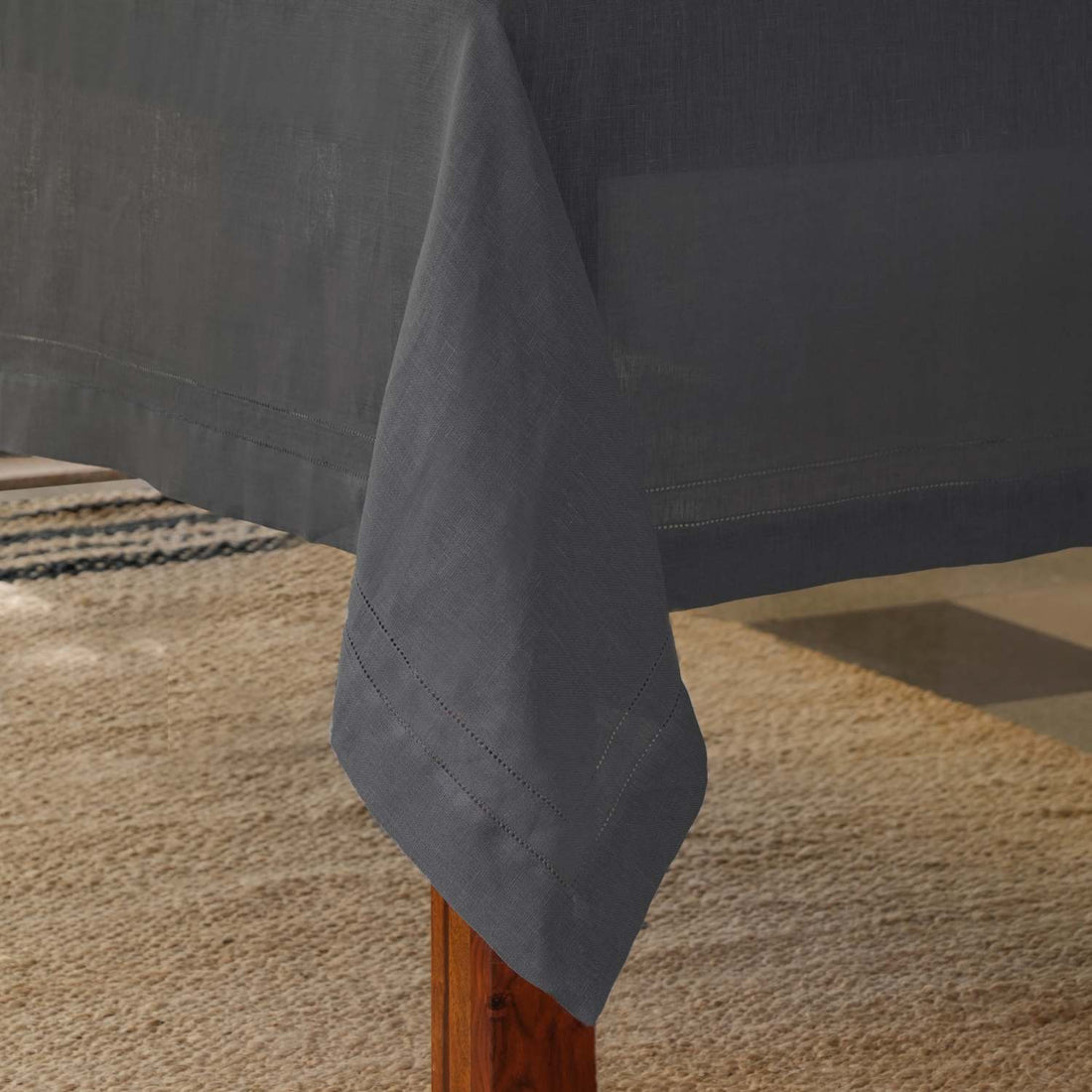 Charcoal Gray 100% Linen Double Hemstitch Rectangular Tablecloth