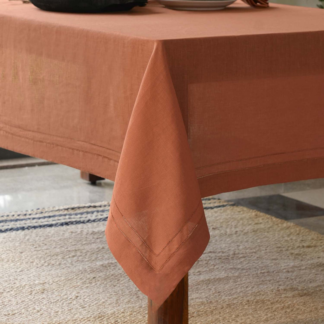 Rust 100% Linen Double Hemstitch Rectangular Tablecloth