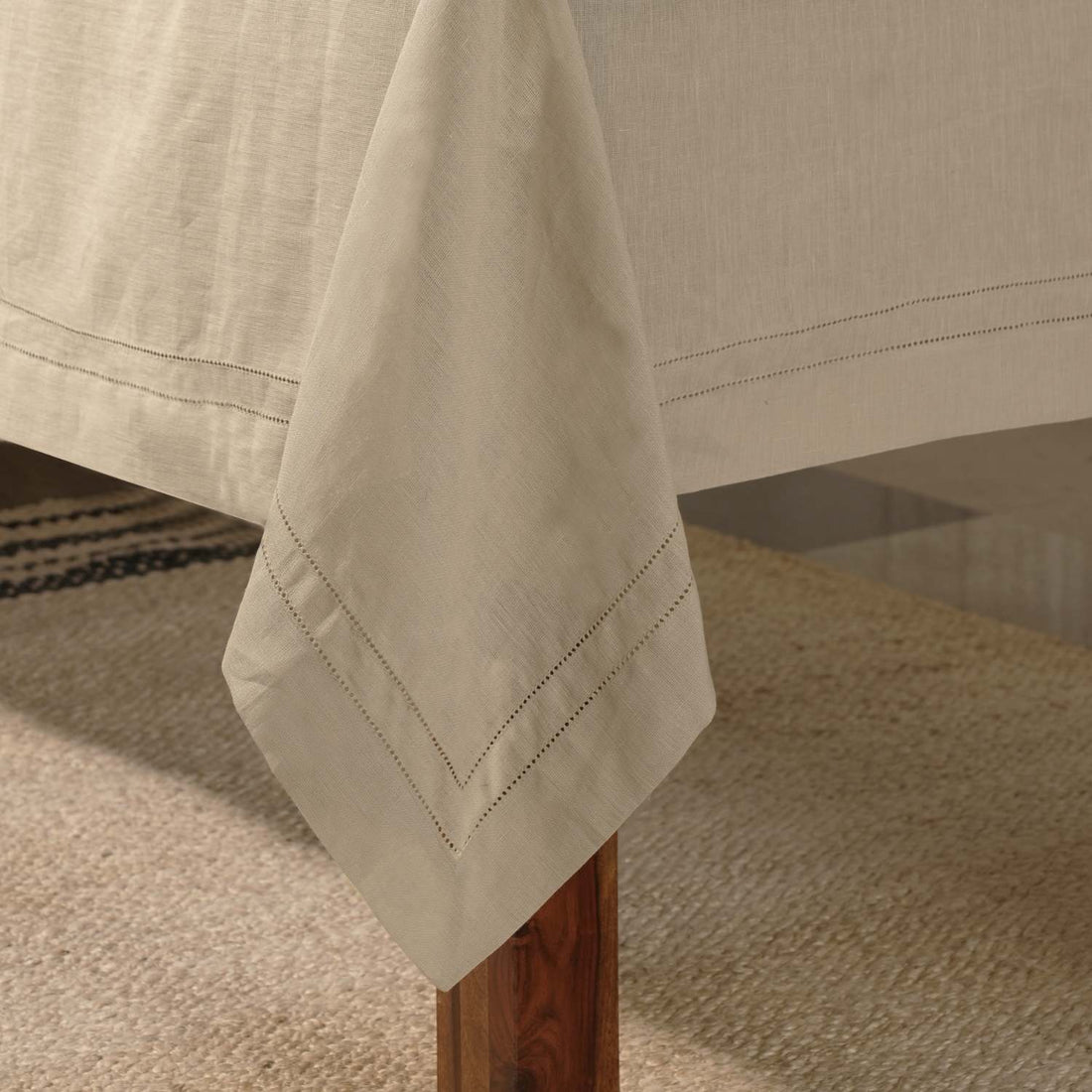 Natural 100% Linen Double Hemstitch Rectangular Tablecloth