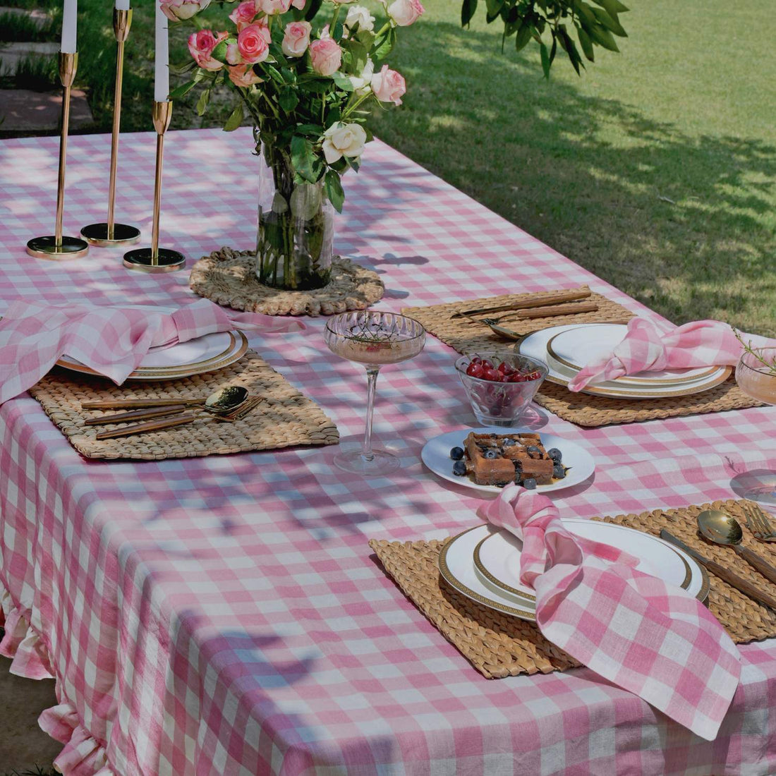 Pink Buffalo Check 100% Linen Tablecloth