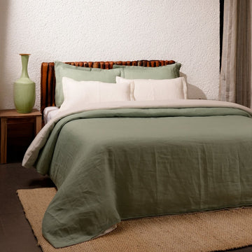 Off White & Sage Green Reversible Linen Duvet Cover Set