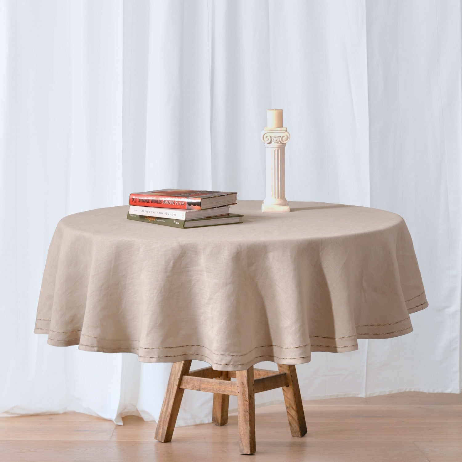 Natural 100% Linen Double Hemstitch Round Tablecloth