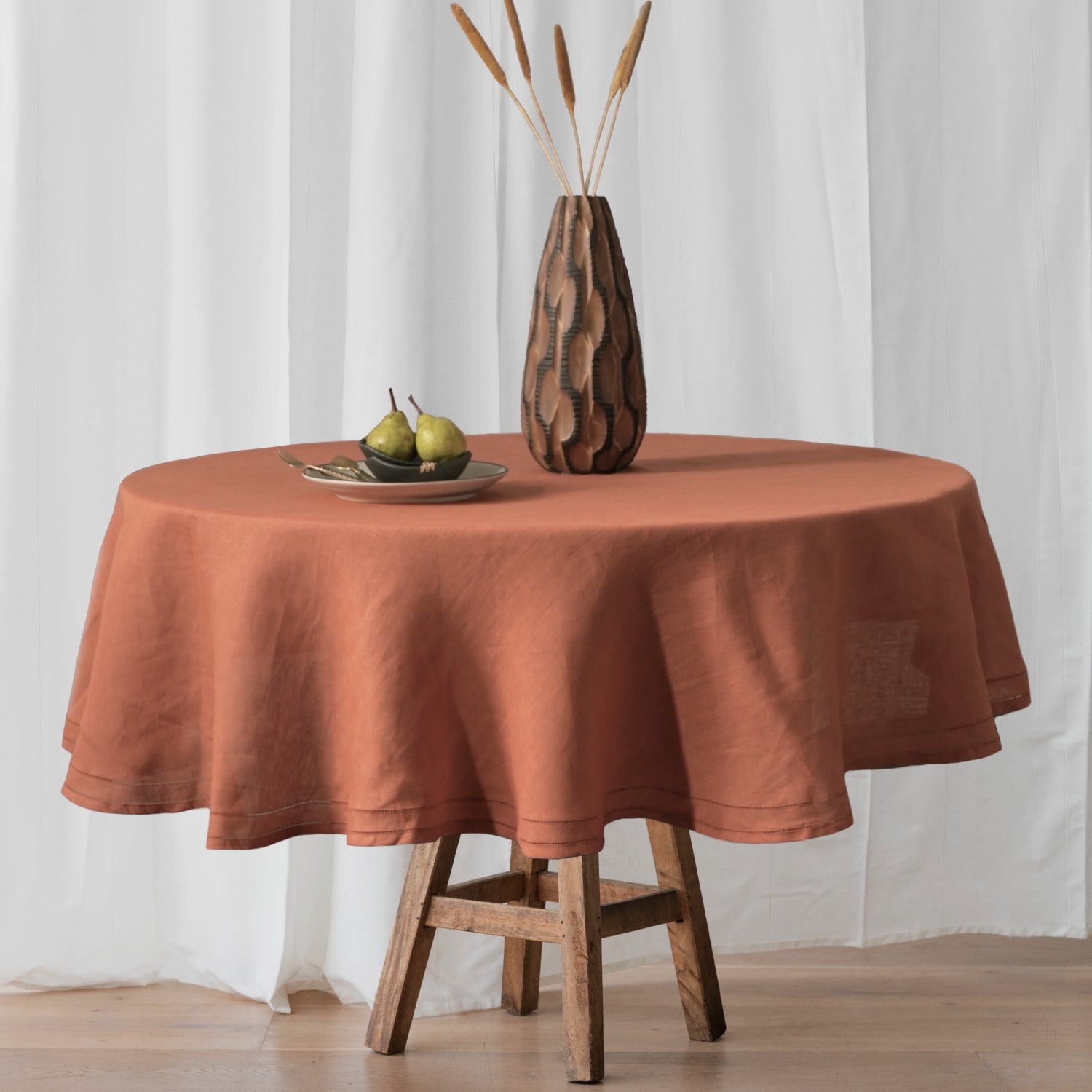 Rust 100% Linen Double Hemstitch Round Tablecloth