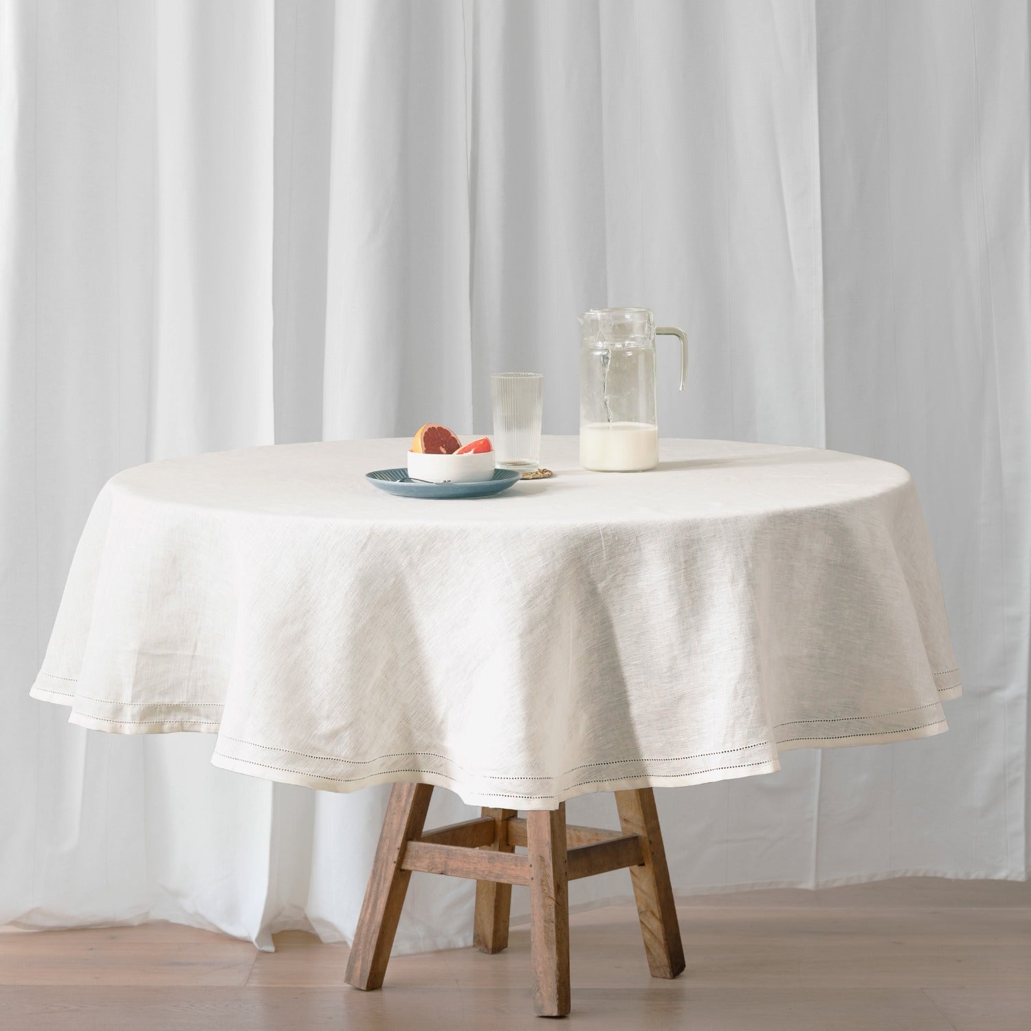 Milk White 100% Linen Double Hemstitch Round Tablecloth