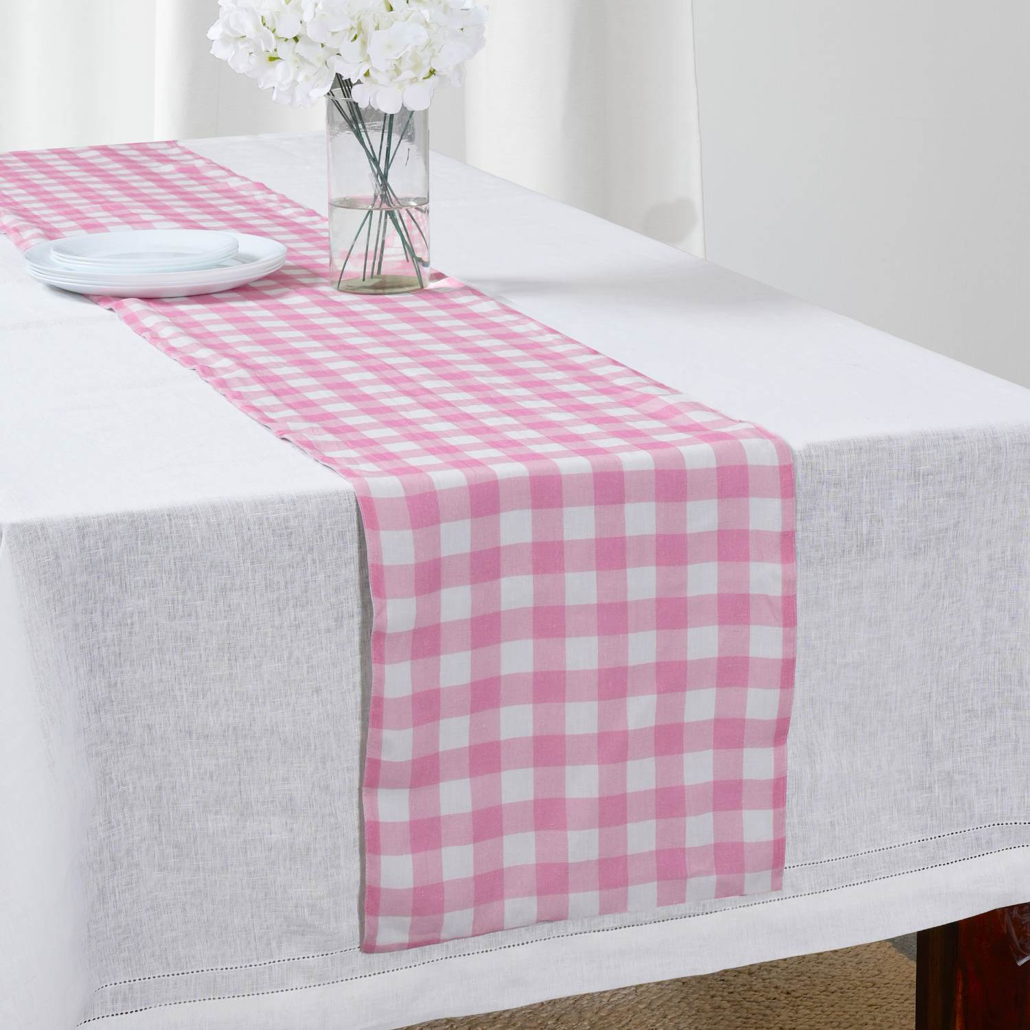 Pink Buffalo Check 100% Linen Table Runner