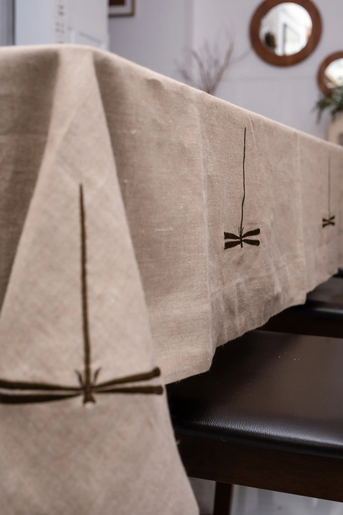 Linen Tablecloth With Dragonfly Embroidery in Natural