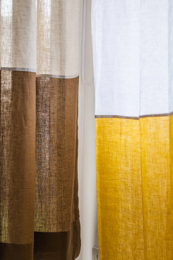 Color-Blocked Semi-Sheer Linen Curtains in White and Lime-Green