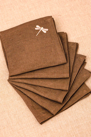 Linen Napkins With Dragonfly Embroidery in Deep Brown